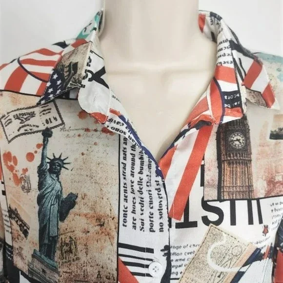 Art to Wear Newpaper Print USA England London Collage Print Button Up Top - Picture 3 of 5